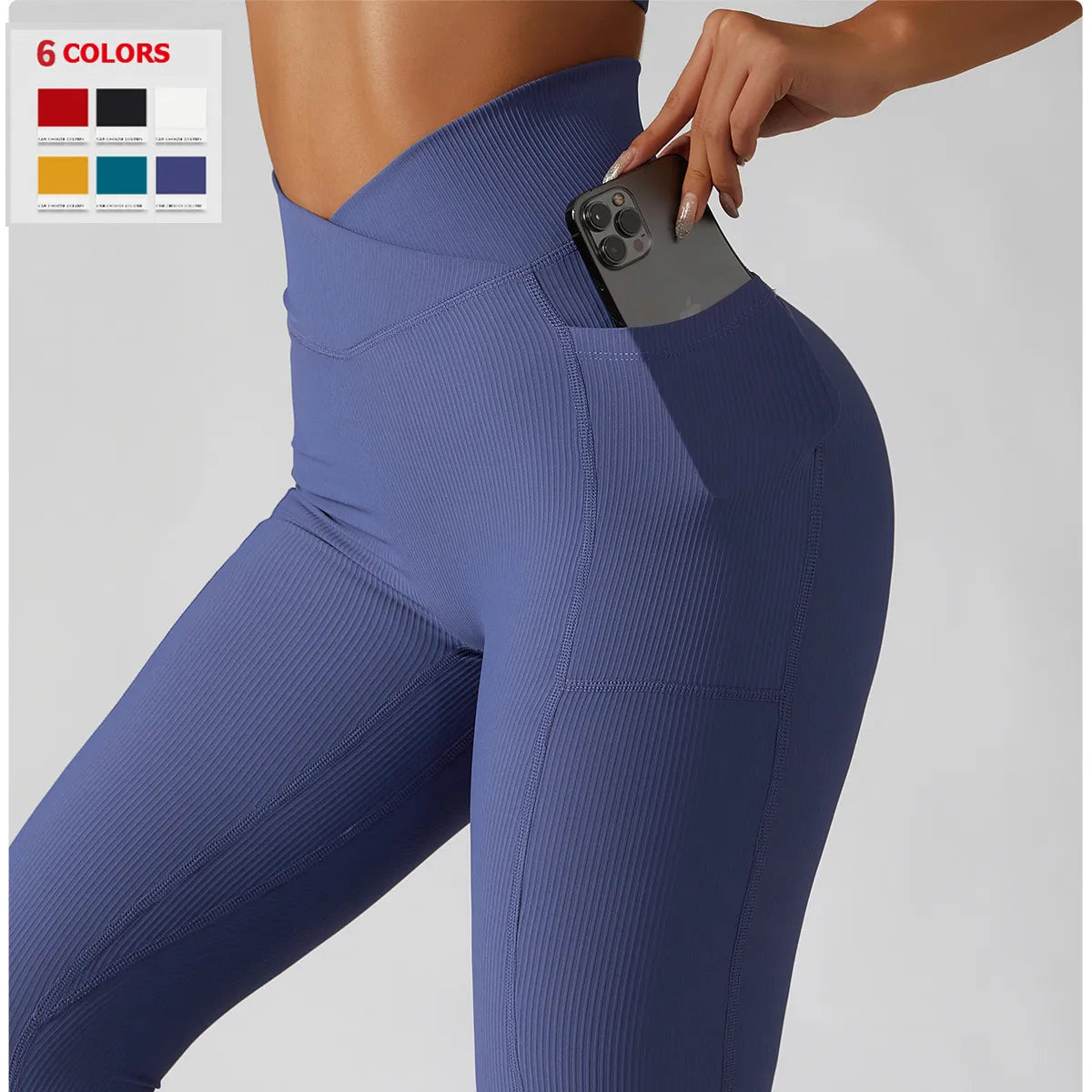 Solid Color Ribbed Yoga Pants Women Pockets Crossover High Waist Fitness Leggings Sexy Butt LIft Workout Running Tights