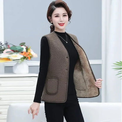 Women Vests Waistcoats New Autumn Winter Button Lamb's Fleece Vests Sleeveless Jacket 5XL Large Size Button Coats Trendy Outwear