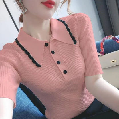 T-shirt Woman Pink Short Sleeve Tee Tops Polo Neck Shirts for Women Knit Clothing White Luxury Offer Free Shipping New Synthetic