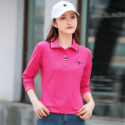 Spring Autumn Polo Golf Woman Wear Long Sleeve T Shirt Embroidery Logo Polo Neck Sport Female Tee Women’s Golf Wear 2024