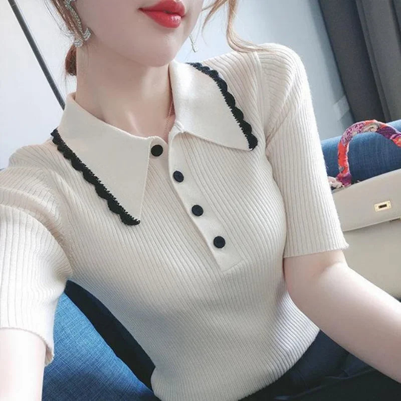 T-shirt Woman Pink Short Sleeve Tee Tops Polo Neck Shirts for Women Knit Clothing White Luxury Offer Free Shipping New Synthetic