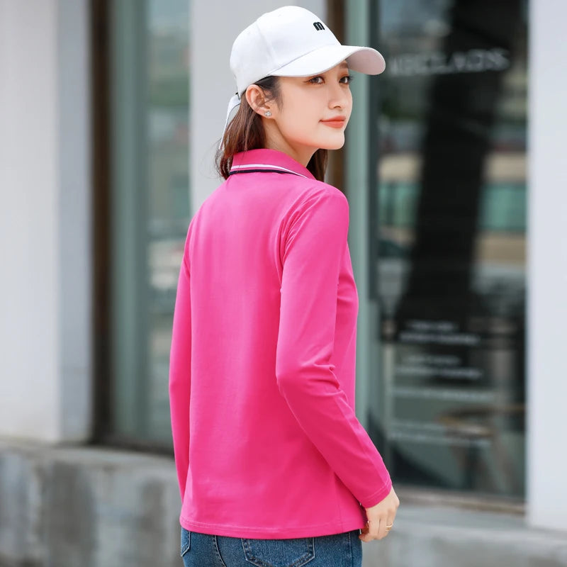 Spring Autumn Polo Golf Woman Wear Long Sleeve T Shirt Embroidery Logo Polo Neck Sport Female Tee Women’s Golf Wear 2024