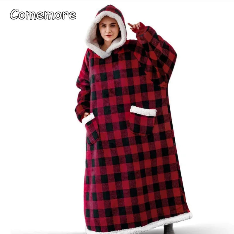 Comemore Winter Oversized Hoodies 2023 Super Long Hooded Blanket with Sleeves Women Men Pullover Fleece Giant TV Blanket 150cm