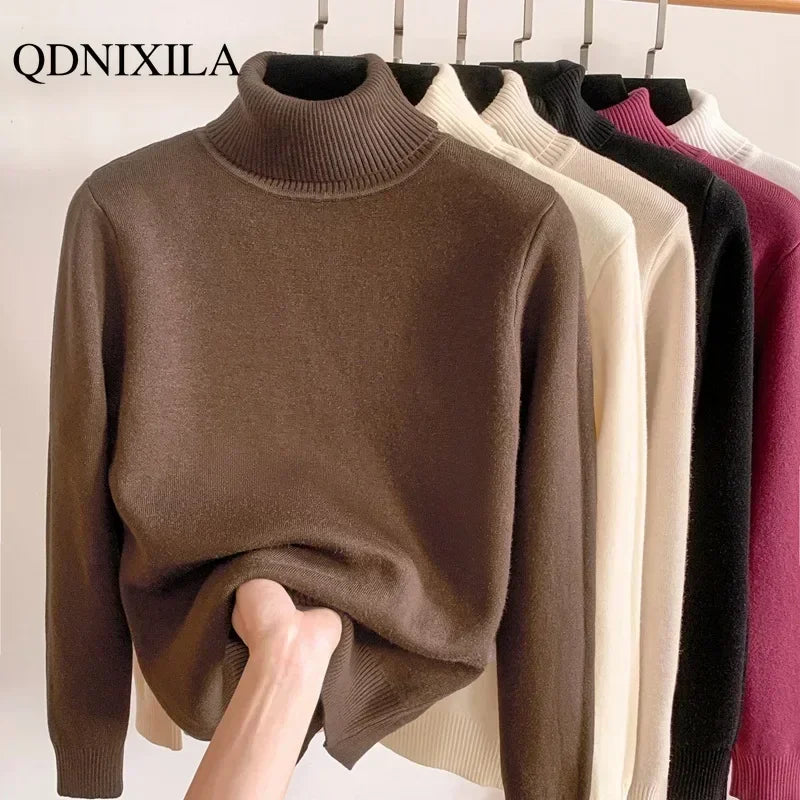 2023 Autumn Winter Women's Sweater Thickened Fleece Warm New Knit Turtleneck Pullover Korean Fashion Woman Knitwears Jumper Top