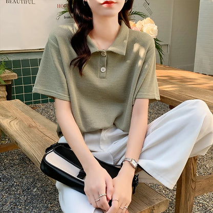 QOERLIN Matcha Green Waffle Short Sleeve T Shirt Women Summer Loose Top Casual Shirts Summer Polo Golf Woman Blouses 2022