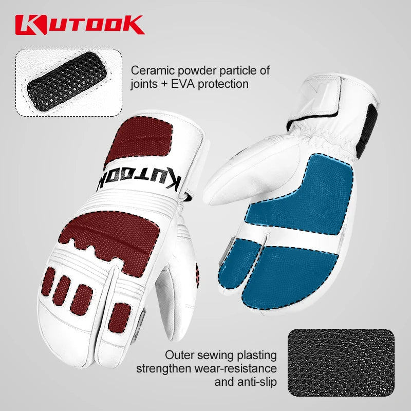 KUTOOK Winter Ski Gloves Goat Skin Thermal Skiing Snow Gloves Snowmobile Mitten Outdoor Snowboard Gloves Waterproof  Accessories