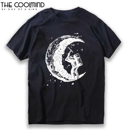 100% Cotton Digging The Moon Print Funny Mens o-neck T Shirts Fashion men's Tops Men T-shirt Cool Men Tshirt Male Men Tee Shirts